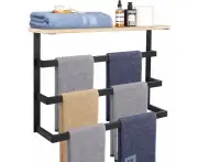Hanging Towel Rack for Bathroom, Thicken Metal Towel Holder with Wood Shelf, 3-Tier Towel Bar Storage, Wall Mounted Towel Hangers Bathroom Decor Organize
