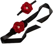 [BBTDIN] Red Flower Black Satin Sash Maternity Flower Sash Black Red Flower Girls Sash Belt BSB01
