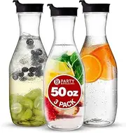 Party Bargains 50 oz. Plastic Carafe with Lids - Clear, 3 Count, Black Flip Tab Lid Premium Quality & Heavy Duty Plastic Pitcher for Iced Tea, Powdered Juice, Cold Beverages, Mimosa Bar