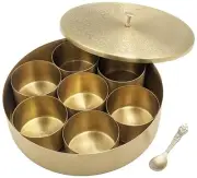 8-inch Brass (Gold Color) Masala Dabba Box with 7 Spice Containers & Spoon