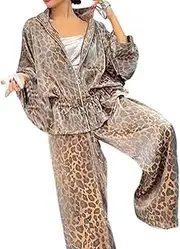 [lanshougu] Women's 2-Piece Suit with Lapel and Half Sleeves with Leopard Print,Leopard Fitted Blazers for Women