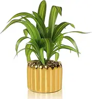 Vnezakl 9" Artificial Dracaena Plant with Textured Leaves Golden Ceramic Pot Realistic Faux Greenery Fake Potted Plant Indoor Outdoor Home Decor for Living Room Office Garden Table Centerpiece