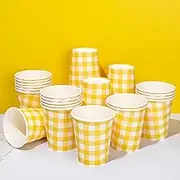 Whaline 50Pcs Buffalo Plaid Paper Cups Yellow White Checkered Disposable Cups Decorative Party Cups for Cold Hot Coffee Drink Holiday Birthday Table Supplies, 9 Oz