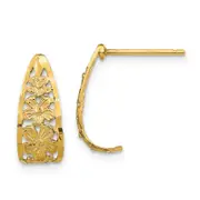 14K Yellow Gold D/C Flower J-Hoop Post Earrings