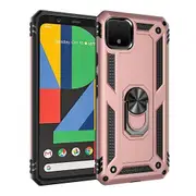 For Google Pixel 4 Case, Military Grade 360 Degree Rotating Metal Magnetic Ring Car Mount Holder Kickstand Shockproof Heavy Duty Cover (Rose Gold)