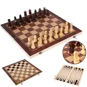 3 in 1 Portable Wooden Chess Board Set with Chess Checkers and Backgammon