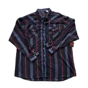 Plains Western Wear Shirt Mens 2XL Black Blue Pearl Snap Brushpopper Long Sleeve