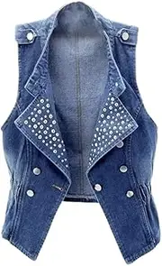 [OFFSUM] Women'S Denim Vest - Plus Size Rivet Stand Collar Denim Vest Spring Summer Single Breasted Korean Style Sleeveless Jacket Clothing Top