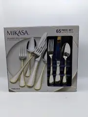 MIKASA Cameo Gold-Accented 65-Piece 18/10 St. Steel Flatware Set (NEW-IN-BOX)