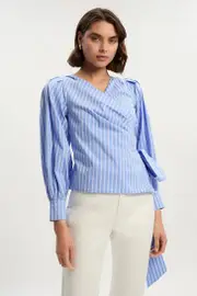 Stripe Cotton Poplin Cold Shoulder Woven Wrap Detail Blouse
