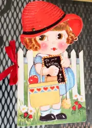 Vintage 1940's Valentine's Day Girl In Hat Mechanical Unused Card/Book