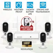 Elinz 4CH Wireless Wire-free Home Battery Security 1080P HD WiFi 4x Camera CCTV System NVR Indoor Outdoor 1TB HDD