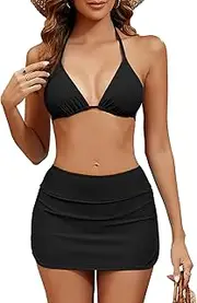 [Jolefille] Womens Two Piece Triangle Bikini High Waisted Swim Skirts Bathing Suit Sexy Backless Halter Top Swimsuits