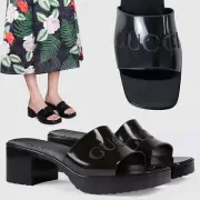 GUCCI SHOES BLACK RUBBER LOGO EMBOSSED SLIDE SANDALS w BLOCK HEEL sz 39 9