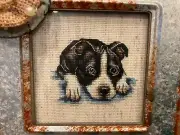 Artwork: Sad Black & White Dog, framed, complete cross stitch