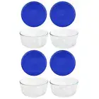 Pyrex (4) 7203 7-Cup Glass Bowls & (4) 7402-PC Cadet Blue Lids