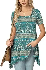 [POPYOUNG] Ladies Tunic Tops to Wear with Leggings Short Sleeve Floaty Square Neck Blouse Summer Dressy Casual Longline Shirts for Women, Blue Khaki, L