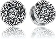 [LADEMAYH] 2 PCS Classical Mandala Pattern Stainless Steel 316L Ear Plugs Gauges for Ears Holes - Screw Back Ear Expander Stretcher Earrings Body Piercing Jewelry