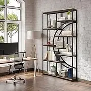 Luxsuite Bookshelf Wood Bookcases Open Shelves with Metal Frame 7 Tier Tall Book Shelf Freestanding Display Rack Storage Shelving Unit for Office Bedroom Living Room Dark Walnut