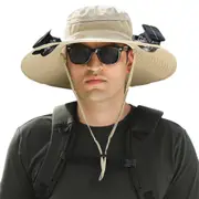 Outdoor Wide Brim Sun Hat with 2 Solar Fans Sun Hat Built with Fans-Khaki