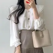 Long-Sleeve Layered Collar Plain Heart Button Blouse / High Waist Plain Accordion Pleated Mini A-Line Skirt Blouse - White - XL