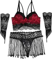 [SAOJEYI-DG] Women's Floral Lace Fringe Trim Lingerie Set with Arm Sleeves Teddy Bra and and G-String Exotic Sets Lingerie Boudoir