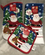NEW Santa Claus North Pole Oven Mitt / Potholders / Dish Towel 3pc Kitchen Set