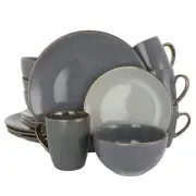 Elama Tahitian Grand 16 Piece Stoneware Dinnerware Set for 4 in Gray High Gloss