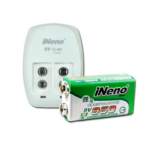 【日本iNeno】9V-950高效能防爆角型可充式鋰電池(1入)+9V鋰電專用充電器 (充電電池 存電 適用住警器)