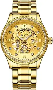 [DAXIAOYU] Gold Automatic Watches Men Business Hollow Skeleton Luxury Mechanical Watch with Diamond Bezel