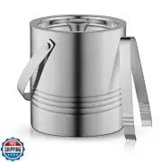 JoyJolt Metal Double Wall Ice Bucket with Lid, Ice Tongs and Strainer. 3L Ins