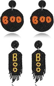 [LITRENDY] 2 Pairs of Halloween Black Beaded Boo Earrings Set for Women, Handmade Beads Spooky BOO Dangle Earring for Halloween Party Costume Accessory Festive Gifts