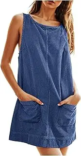 [Generic] Women's Casual Corduroy Overall Dress A Line Loose Jumper Sleeveless Mini Dress Pinafore with Pockets