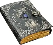 Lapis - A5 Black Triple Moon Leather Journal | Lapis Lazuli Stone on Top | 200 Vintage Pages | Brass C Lock | Pure Leather Journal