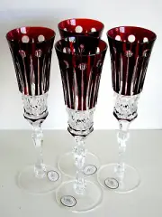 4 AJKA FABERGE XENIA RUBY RED CASED CUT TO CLEAR CHAMPAGNE FLUTE (S)