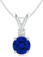 [Angara] Lab-Grown Round Blue Sapphire Solitaire V-Bale Pendant Necklace with Lab Diamond in Sterling Silver/14ct Solid Gold for Women | September Birthstone Jewellery for Her