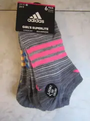 NWT Adidas Girl's Superlite No Show Compression Stripe 6pk Socks Size 3Y-9