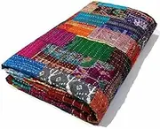 Indian Quilt -Vintage Quilt Old Patola Indian Silk Sari Kantha Quilted Patchwork Bedspread Bohemian Kantha Throws Silk Patola Quilt, Bed Cover,Size 90" X 108" (Multi)