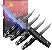 Piklohas Steak Knives Set of 4, 4.5 Inch Non Serrated Dinner Knife, Forged German Steel Damascus Pattern Straight Edge Meat Knife with Full Tang Handle, Dishwasher Safe, Ideal for Gift