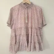 Orange Creek Top Womens Medium Pink Ditsy Cottage Peasant Tiered Boho Romantic