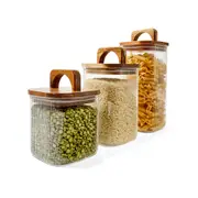 Set of 3 Linear Glass Canisters with Acacia Lids
