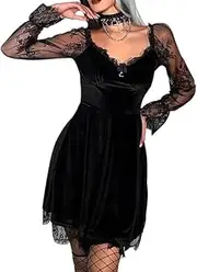 [Generic] Women Gothic Dress,Lace Velvet Dress Black Lace Goth Vintage Dresses Clothes