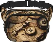 [YANYU] Compass and Old World Map Print Square Double Layer bag Waist Bag Trendy Pack Travel Bag with Adjustable Bel, Black, One Size