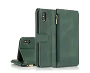 For iPhone X/XS Case, Leather Zipper Purse Flip Cover Case with Card Slot Holder Wrist Strap Lanyard (Dark Green)