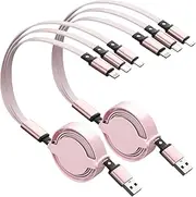 IDISON Multi Charging Cable [2Pack 3.3ft] Retractable Multi Charging Cord 3 in 1 Charger Cable Cord Multi USB Cable with IP/Type C/Micro USB Port for Cell Phones/Samsung Galaxy/PS/Tablets/More, Pink