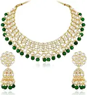 [Aheli] Kundan & Beads Studded Green Necklace Jhumki Earrings Set Ethnic Jewellery for Women, One Size, Metal, No Gemstone