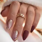 Press on Nails Medium Almond Shaped Matte Acrylic Fake Matte with Gold Wave A01
