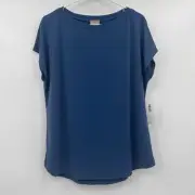 Chicos Top Women Medium Blue NEW Boat Neck Stretch Short Cap Sleeves Minimalist