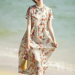 【ACheter】民族風圓領棉麻感印花寬鬆顯瘦短袖長款連身裙洋裝#118804(花紋)