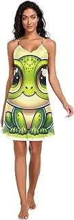 [RPLIFE] Cute Cartoon Frog Big Eyes Slip Nightgowns for Women, Adjustable Spaghetti Strap V Neck Satin Nightgowns for Women